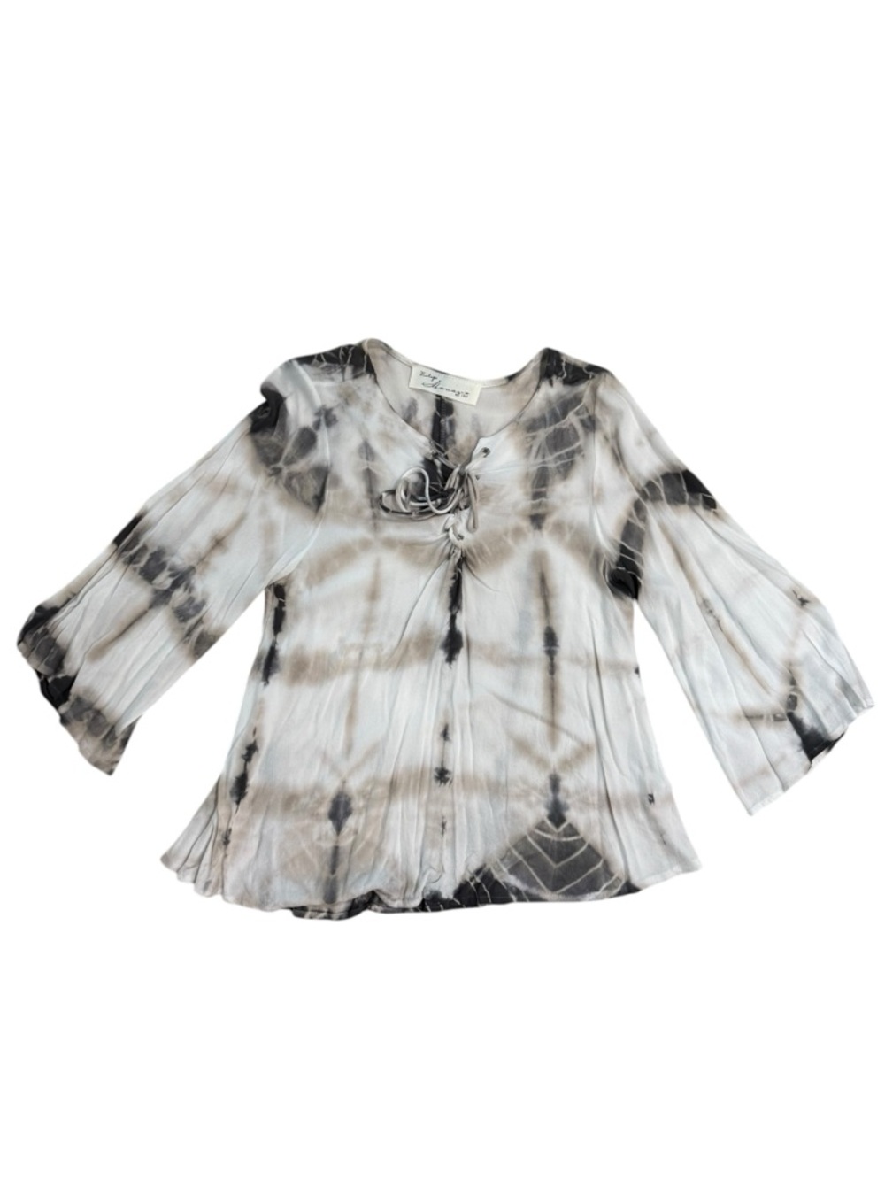 Vintage Havana Boho Tie Dye Lace-Up Bell Sleeve Top - Grey/White Size Small